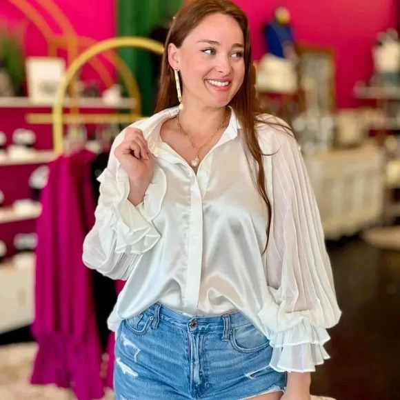 Off White Pleated Sleeve Top Women’s Large - Picture 4 of 4